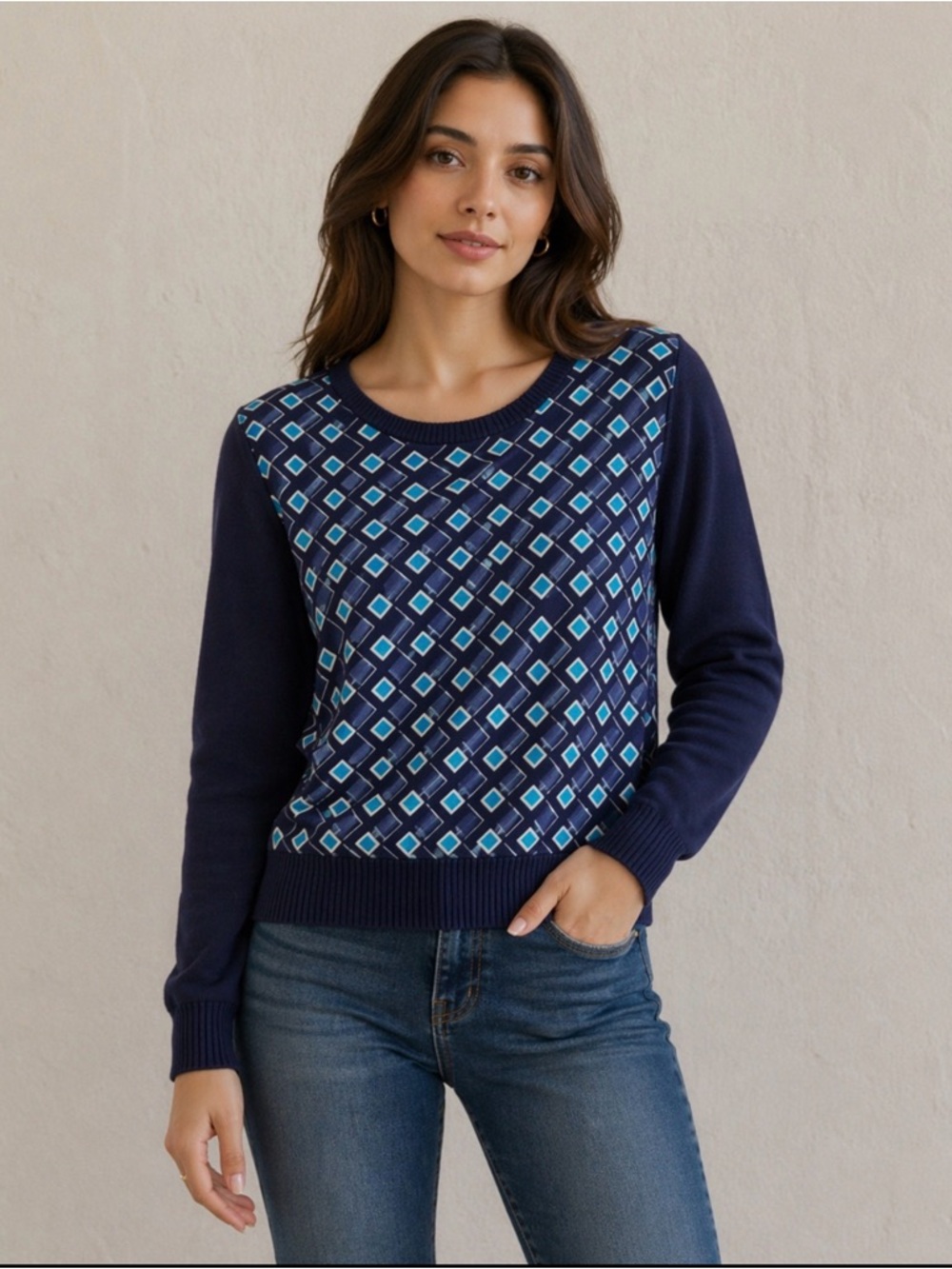 Diane Von Furstenberg knit sweater. Large navy knit with silk pattern front